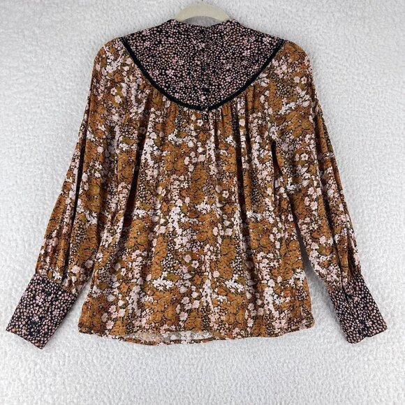 Hinge Brown Floral Mix Print Shirt Womens Prairie Chic High Neck Size XS - Picture 12 of 13